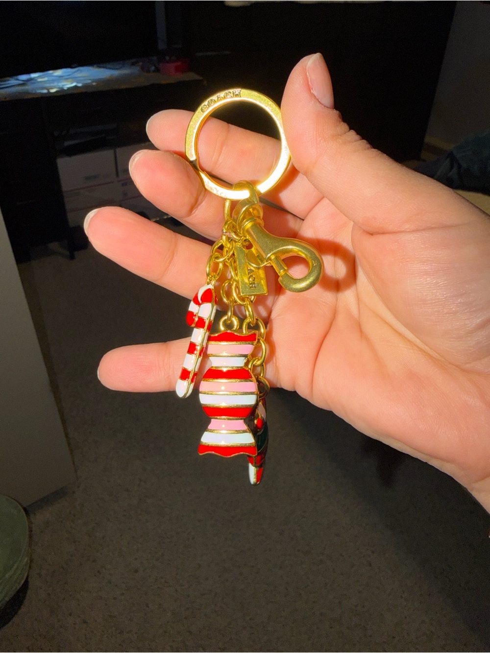 Coach Gold-tone Keychain with Red and White Enamel Candy Charms
